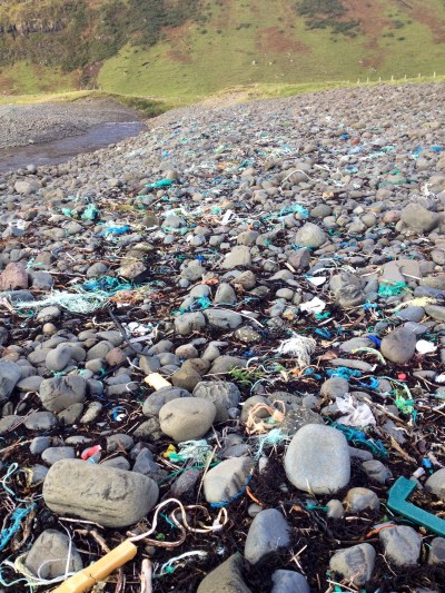 Thousands of small pieces of plastic debris, including scraps of fishing rope