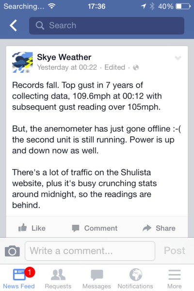 One of the last Facebook posts from Skye Weather before we lost power. Shulista is about 3 mins down the road.