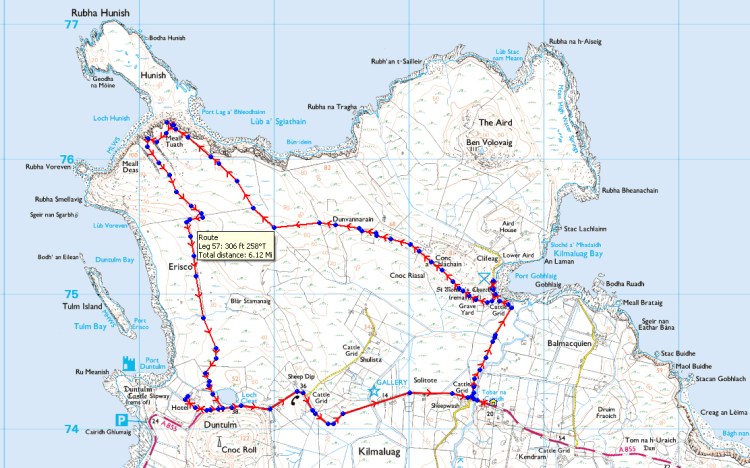 My route from the bay to Rubha Hunish. Image from beardedgit.com