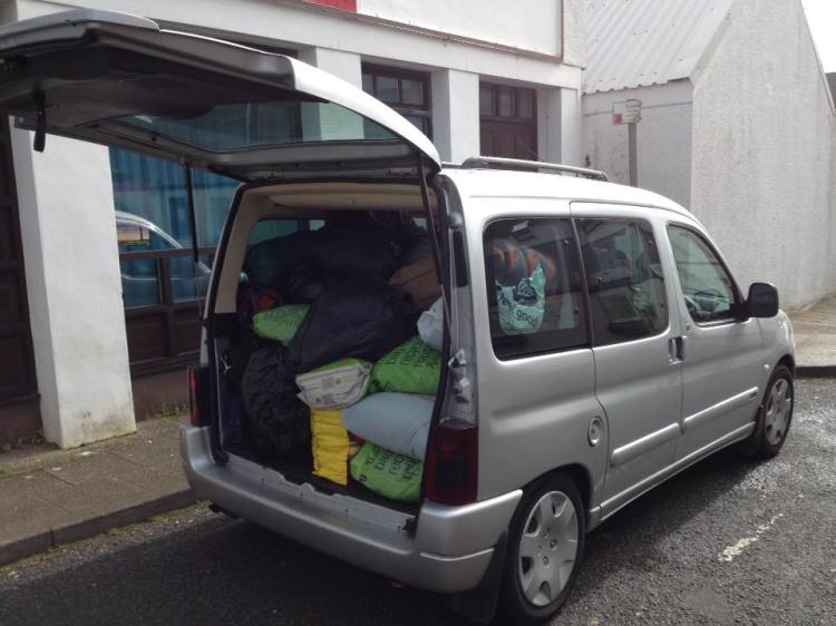 The first donations packed into Tom's car and ready to go to Inverness (photo by Tom Hodgetts)