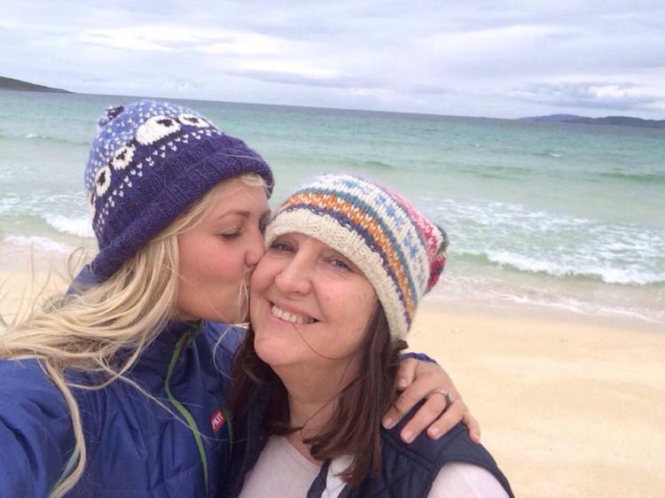 Mum and I rocking the bobble hats on Scarista Beach, Harris