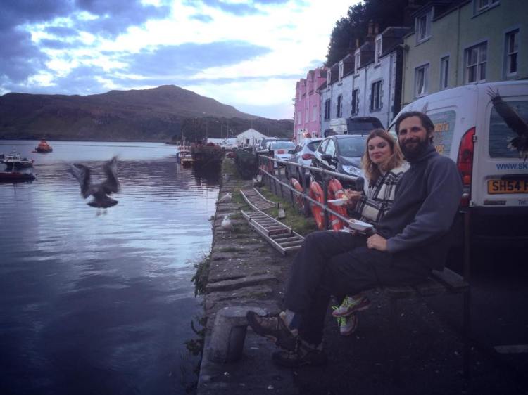 Don't feed the seagulls! Anthony and Sophie in Portree Harbour